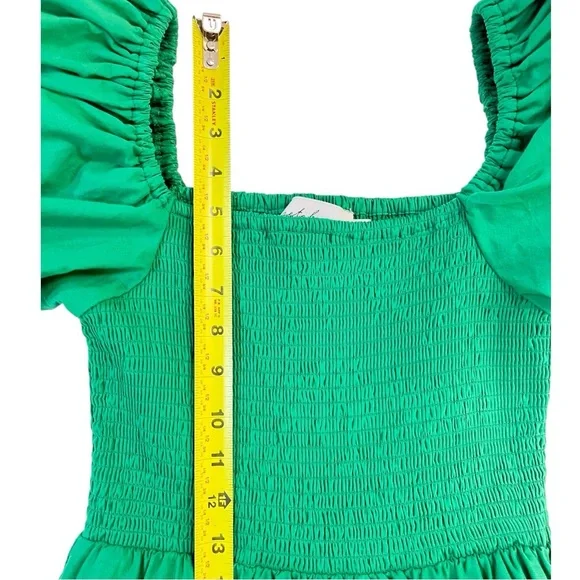 PETAL & PUP new Morgan Annette Green Shirred A-Line Puff Sleeve Tier Dress NWOT - Picture 13 of 15